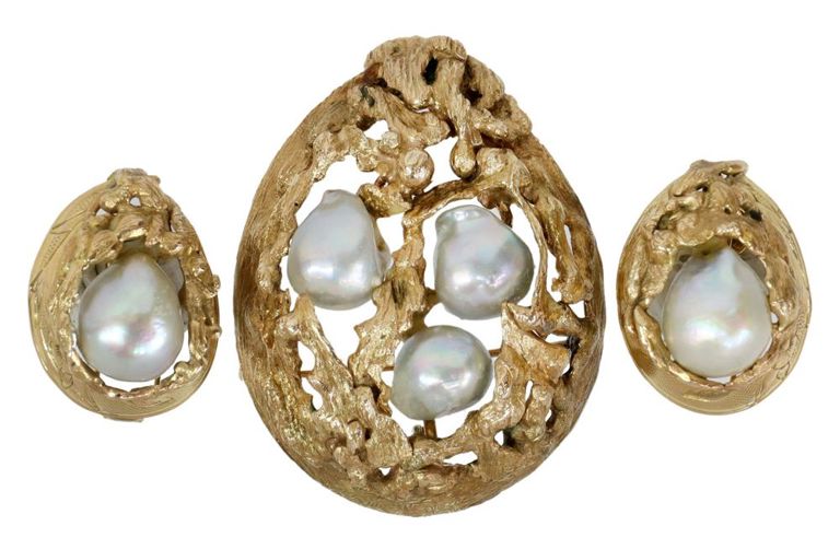 Estate 14k Gold & Baroque Pearl Pin & Earrings