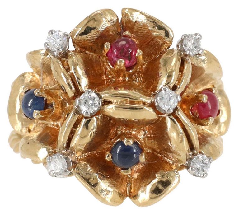 Estate 18kt Gold Diamond & Gemstone Flower Ring