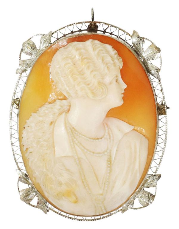 Estate Art Deco 14k Wg Shell Cameo Pendant Brooch