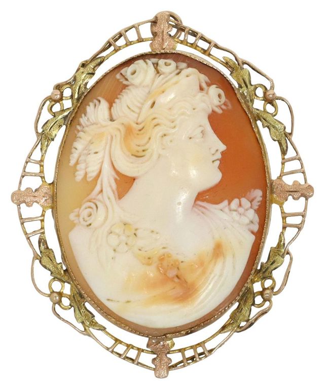 Estate 14kt Gold Shell Cameo Pendant Brooch
