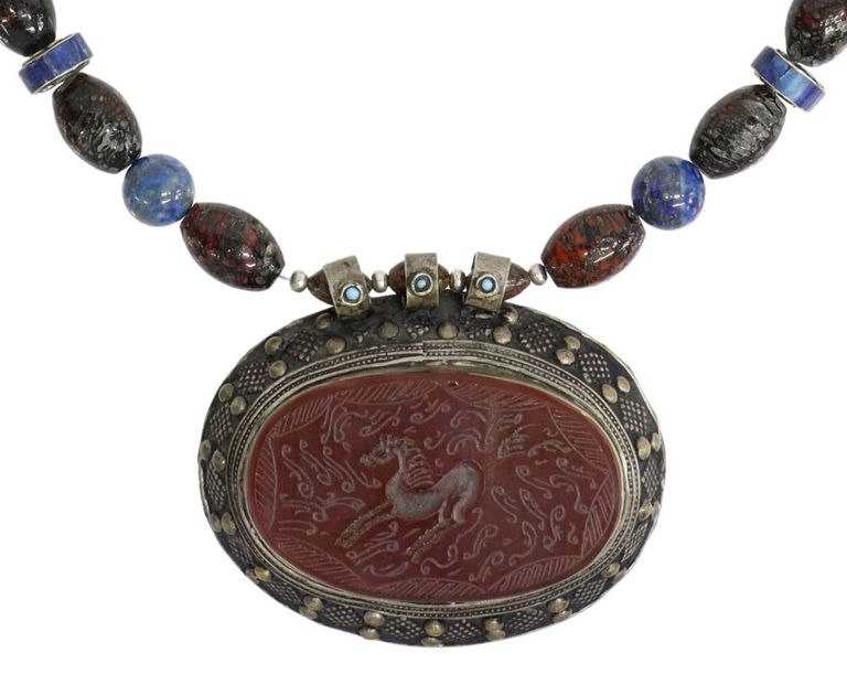 Lapis Beaded Necklace Carved Carnelian Pendant