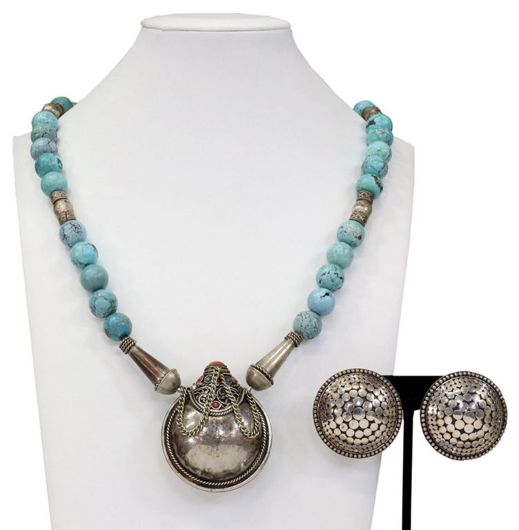 Estate Asian Silver Earrings & Beaded Necklace