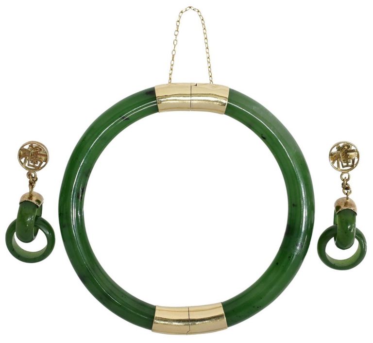 Chinese 14k Gold Jade Hinged Bangle & Earrings