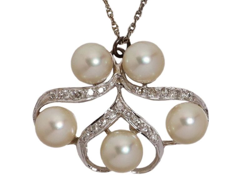 Estate 14kt Wg Diamond & Pearl Pendant Necklace