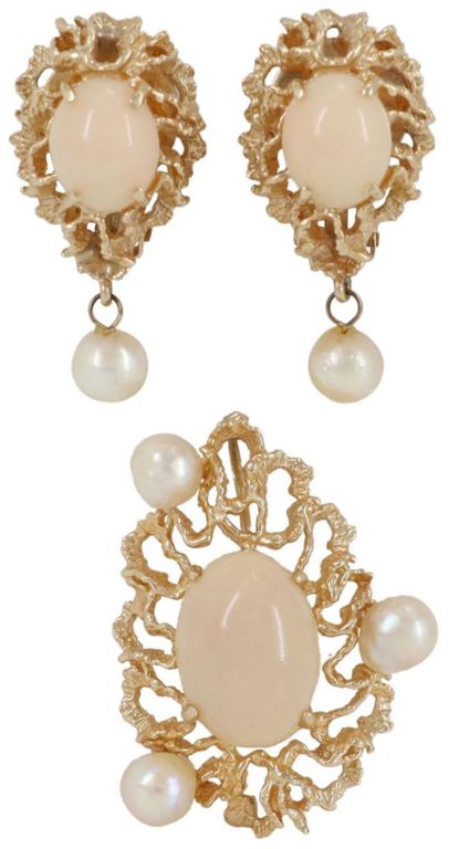 Estate 14kt Yg Angel Skin Coral & Pearl Jewelry
