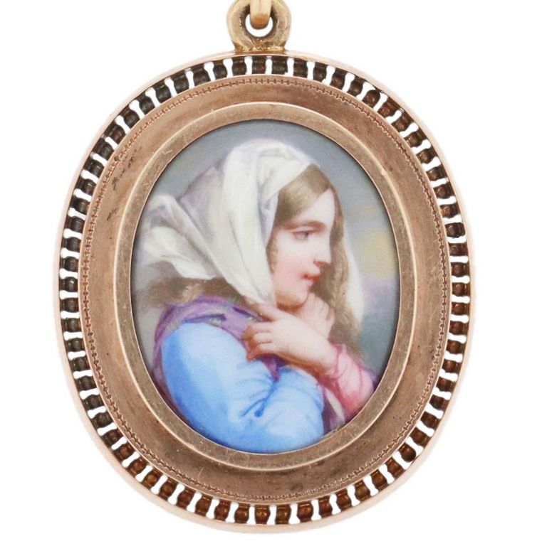 Estate 14k Rose Gold Enamel Portrait Plaque Locket