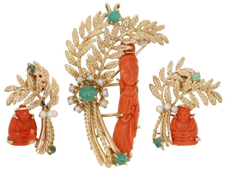 Estate 14kt Gold Coral Guanyin & Buddha Jewelry