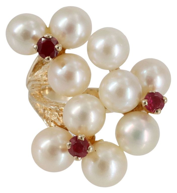 Estate 14kt Yellow Gold Pearl & Ruby Cluster Ring