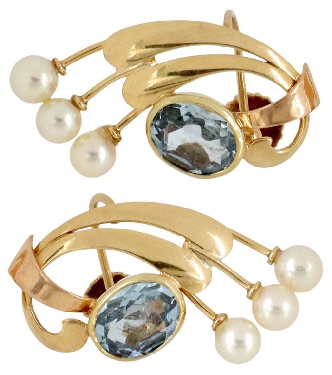 Estate 14kt Gold Blue Gemstone & Pearl Earrings