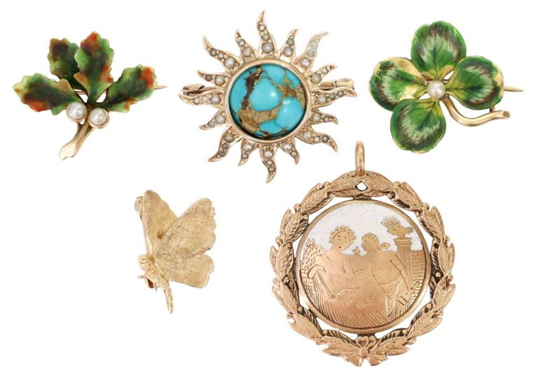Estate Yellow Gold & Enamel Pins & Pendant