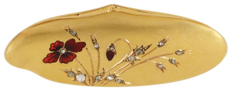 Victorian 18kt Gold Enamel Diamond Shell Brooch