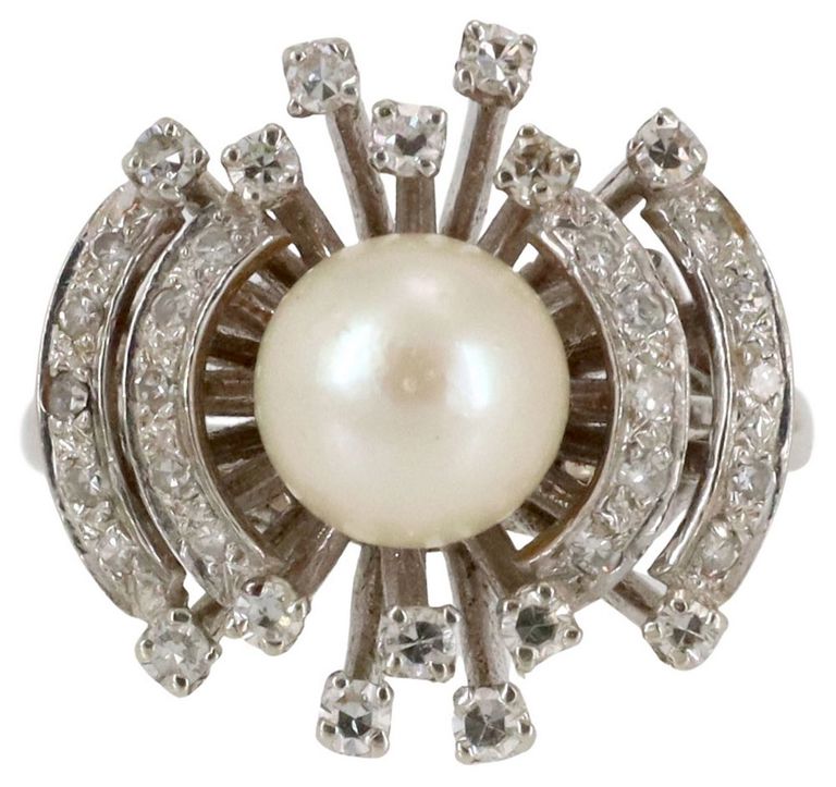 Estate 14kt White Gold Pearl & Diamond Ring
