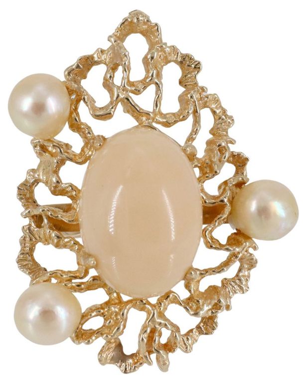 Estate 14kt Gold Angel Skin Coral & Pearl Ring