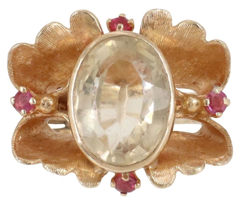 Estate 14kt Yg, Citrine & Ruby Floriform Ring