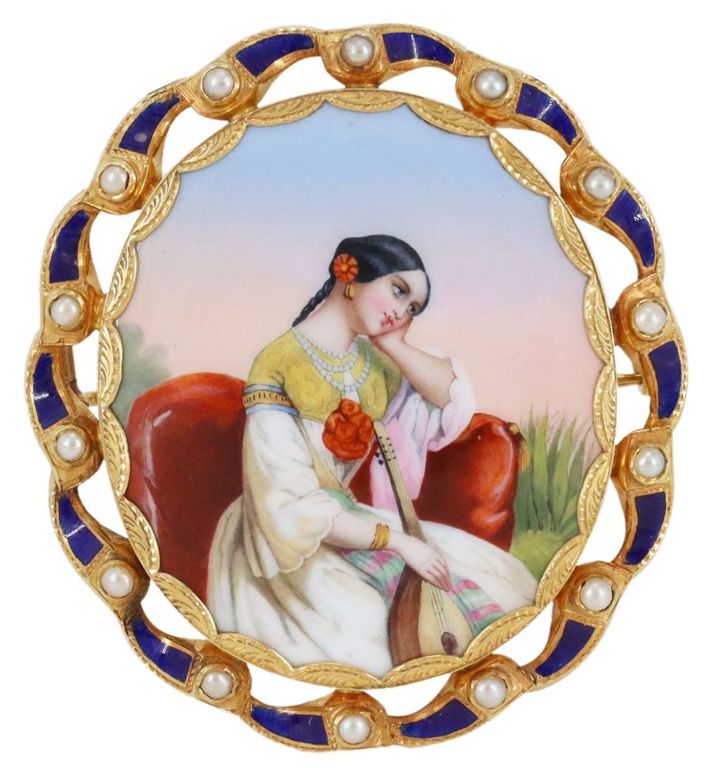 Estate 18kt Gold Enamel Portrait Plaque Brooch