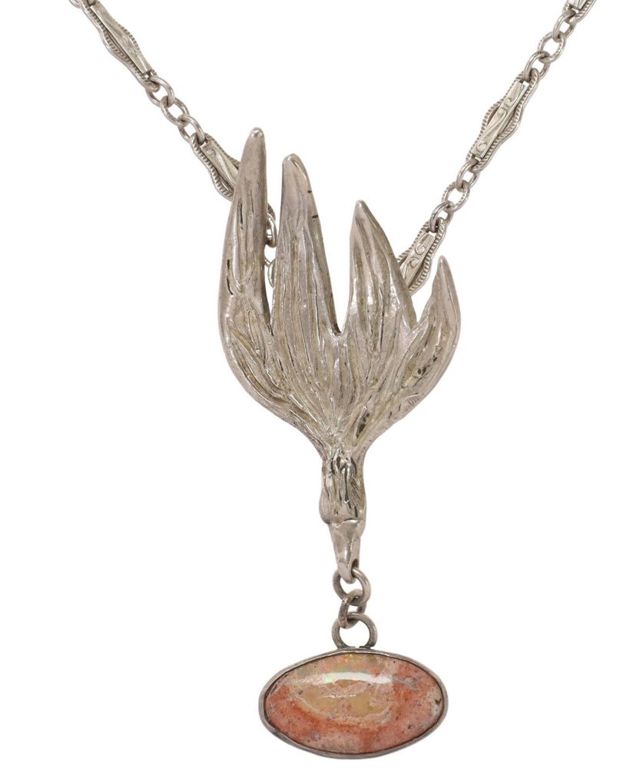 Estate Sterling Silver Bird & Opal Stone Necklace