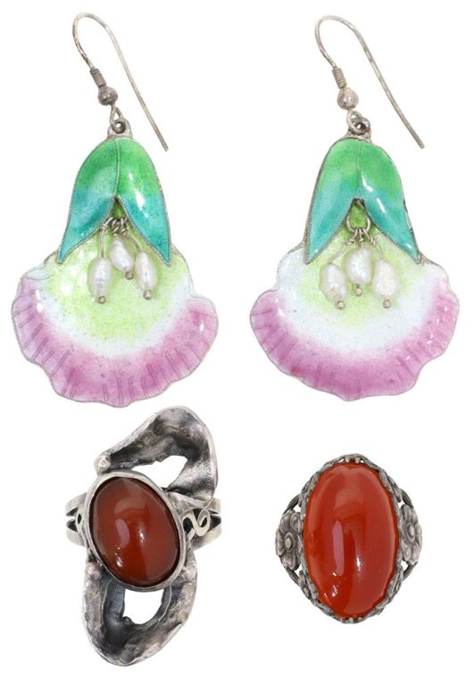 Enamel Orchid Earrings & Silver Carnelian Rings