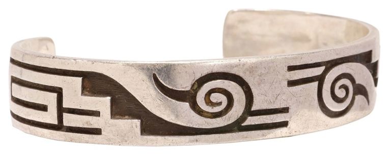 Lawrence Saufkie Hopi Silver Overlay Cuff Bracelet