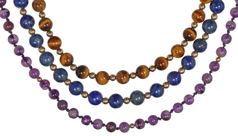 Estate 14kt Gold Beaded Necklaces, Lapis Lazuli, Tiger's Eye & Amethyst