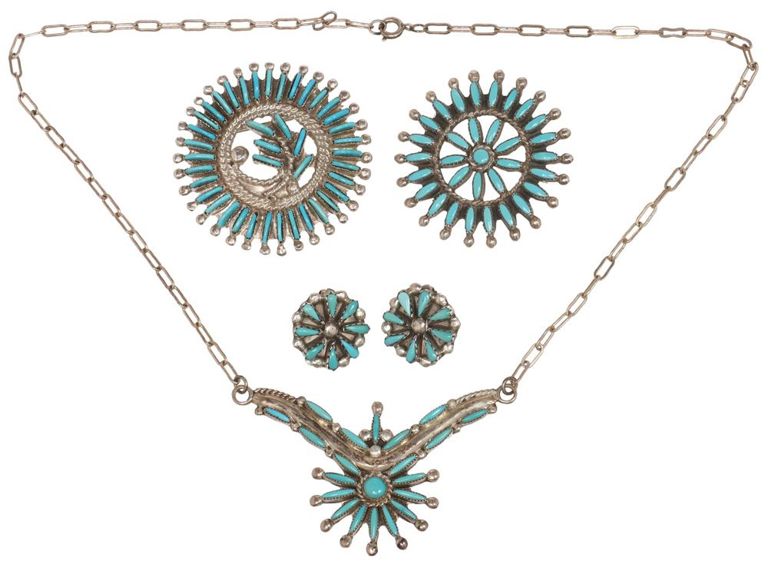 Native American Zuni Silver & Turquoise Petit Point & Needlepoint Jewlery