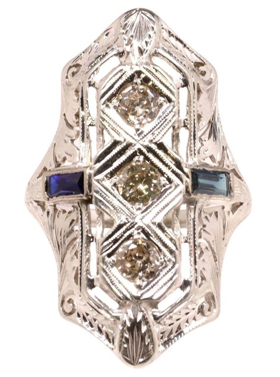 ESTATE ART DECO STYLE 18KT GOLD 0.45CTTW OEC DIAMOND & LAB SAPPHIRE RING