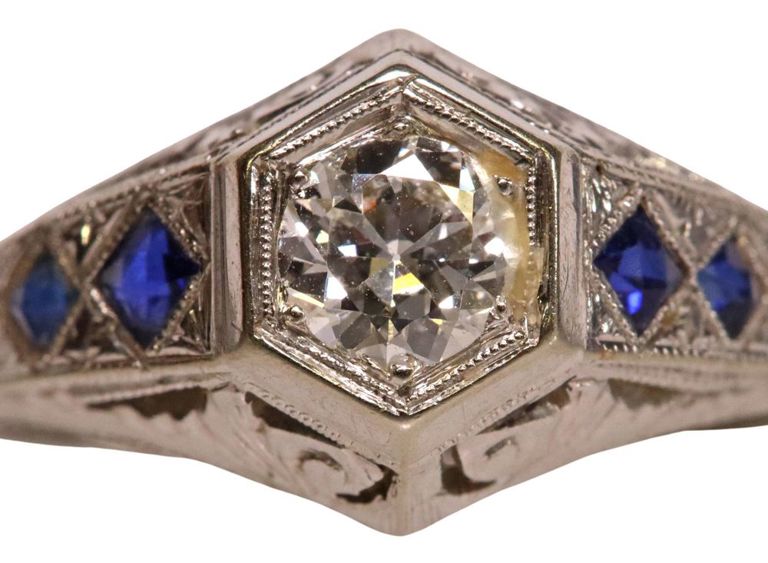 Estate Art Deco Style 18kt Gold 0.50ct Oec Diamond & Lab Sapphire Ring