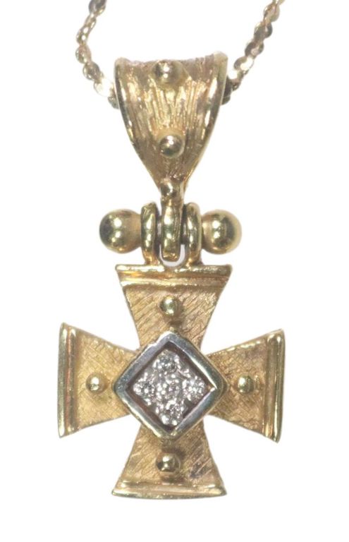 Estate 18kt Gold & Diamond Maltese Cross Pendant on Chain