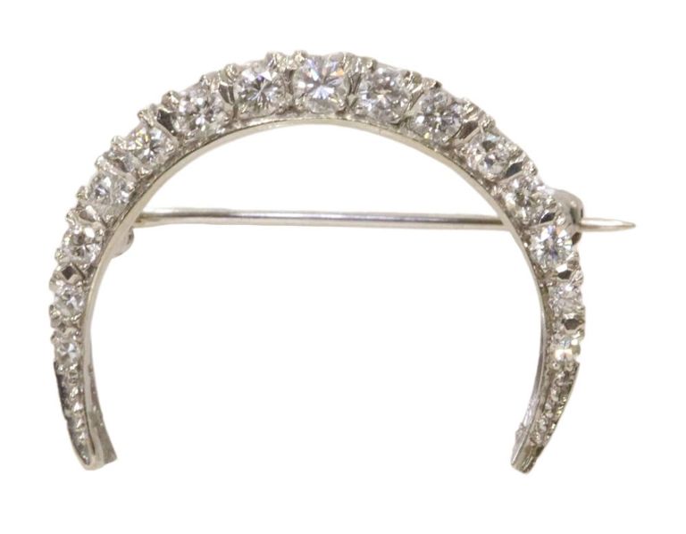 Estate 14k white gold crescent brooch with diamonds