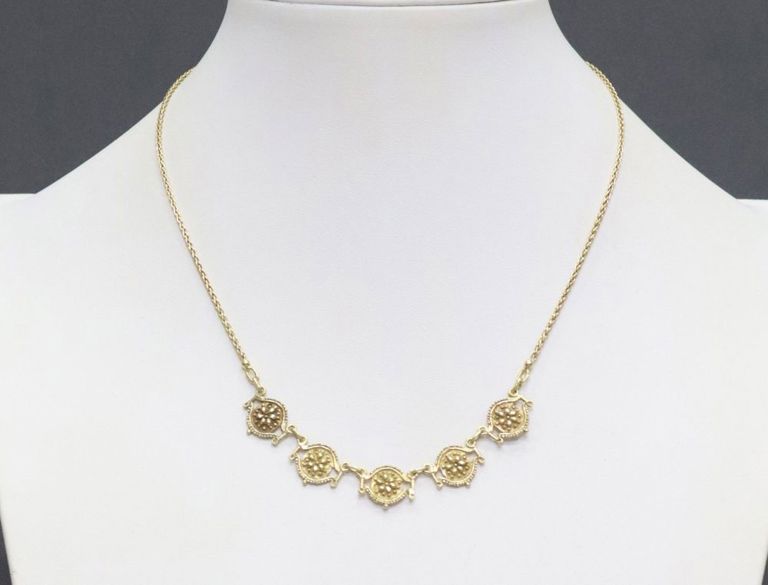 Estate Etruscan-style 14k yellow gold necklace with floral medallions