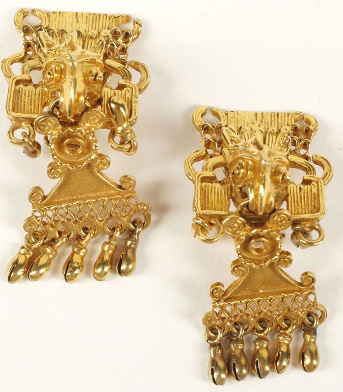 14k yellow gold Mixtec-style zoomorphic drop earrings