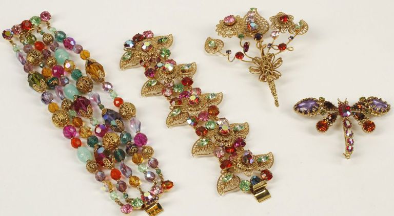 Estate gold-tone metal and multicolored rhinestone jewelry suite