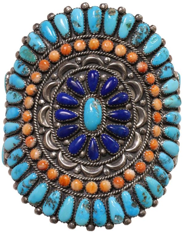 Oversized Native American sterling silver and multicolor gemstone cuff bracelet