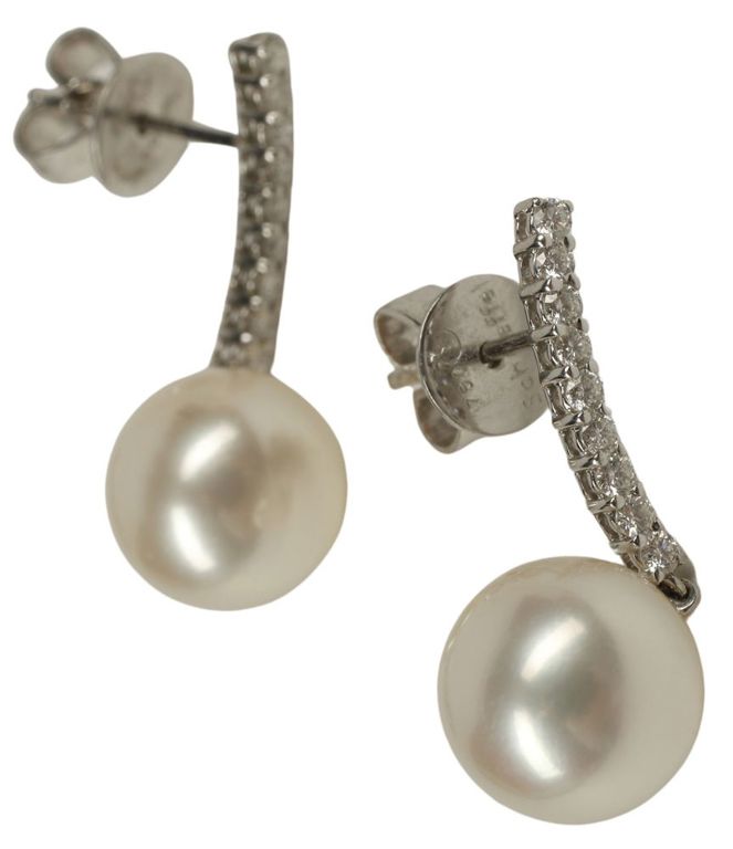 Estate designer 18k white gold and pearl dangle earrings