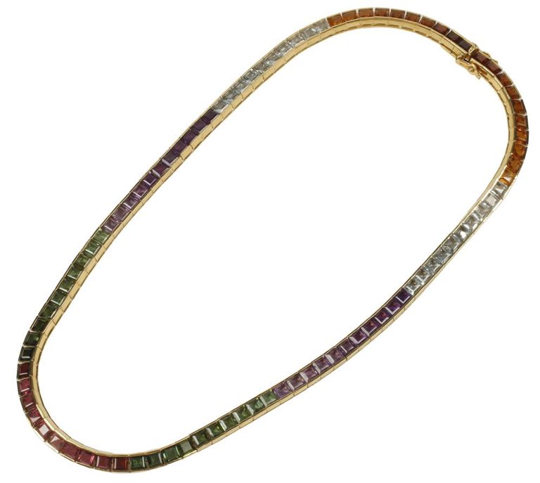 Estate 18k yellow gold multicolor gemstone necklace