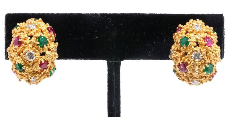 Pair of Estate 18kt Yellow Gold and Gemstone Earrings