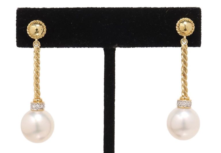 Estate David Yurman 18k yellow gold diamond and pearl drop earrings