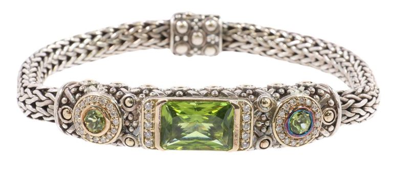 Estate John Hardy sterling silver and 18k gold peridot diamond bracelet