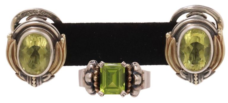 Estate Caviar by Lagos peridot ring and lemon quartz earrings