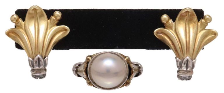 Estate Lagos 'Caviar' 18k gold, sterling silver mabe pearl ring and earrings