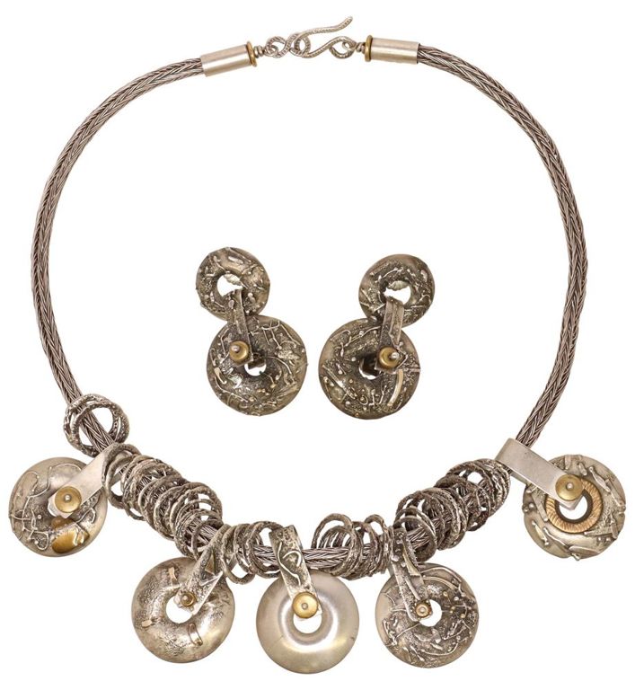 Artisan abstract sterling silver and gold overlay jewelry suite
