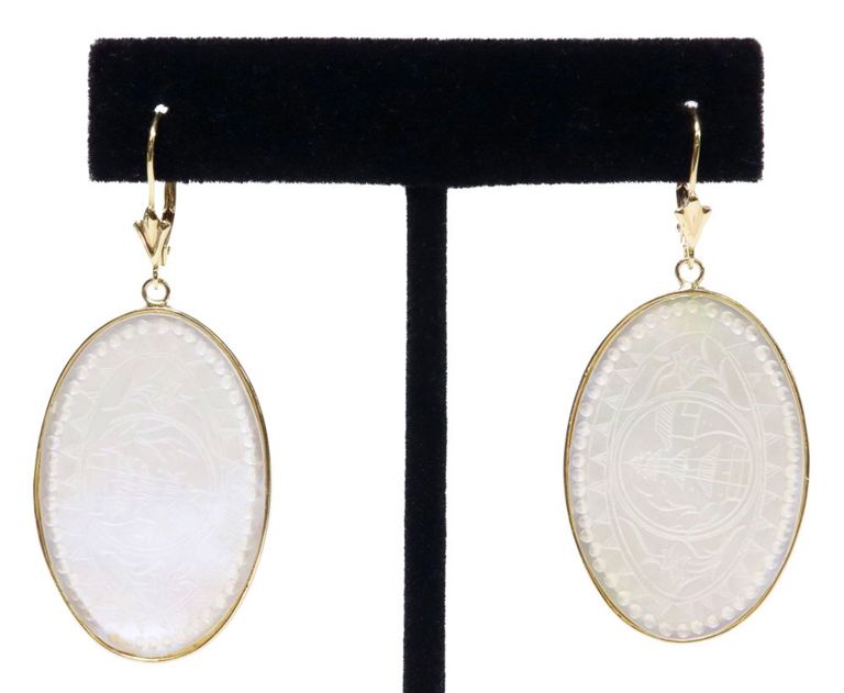 Estate 14k gold Chinese mother-of-pearl gaming counter drop earrings
