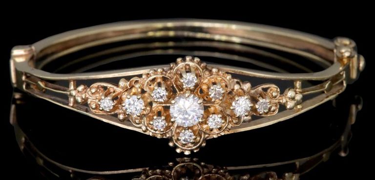 Estate 14k gold diamond and CZ hinged bangle bracelet