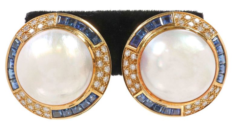 Estate 18k gold blue sapphire, diamond, and mabe pearl earrings