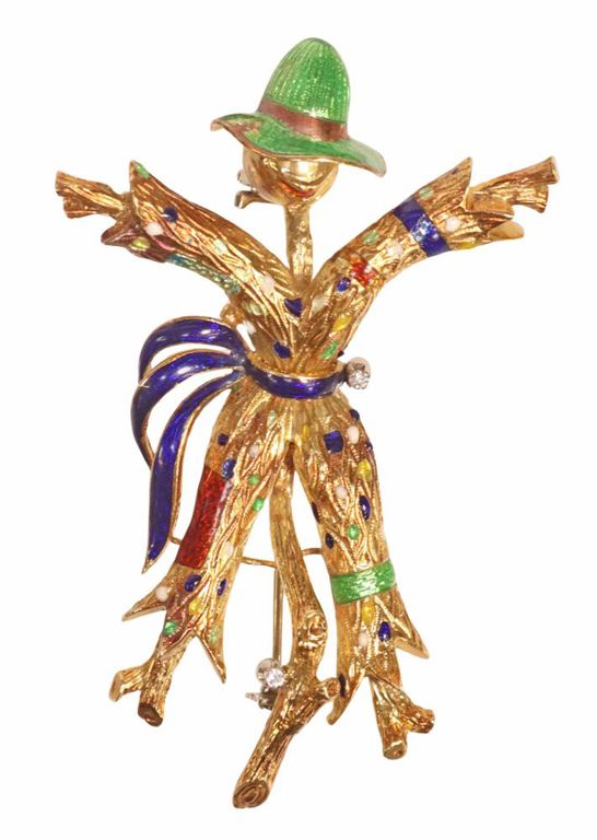 Estate Italian 18k gold and enamel scarecrow brooch
