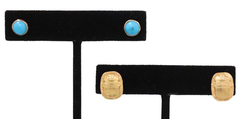 Estate 18k scarab and 14k cabochon earrings