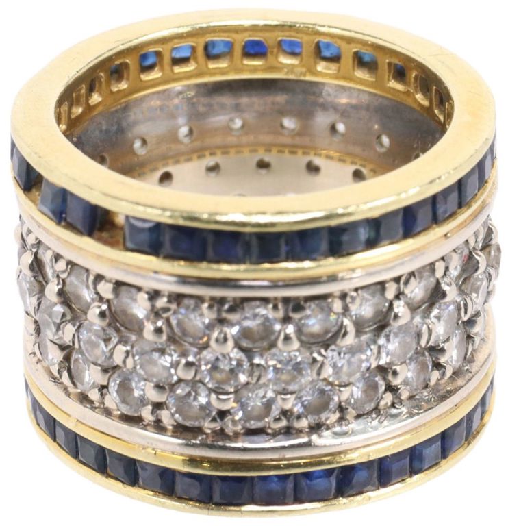 14k white gold and 18k yellow gold diamond and sapphire band ring