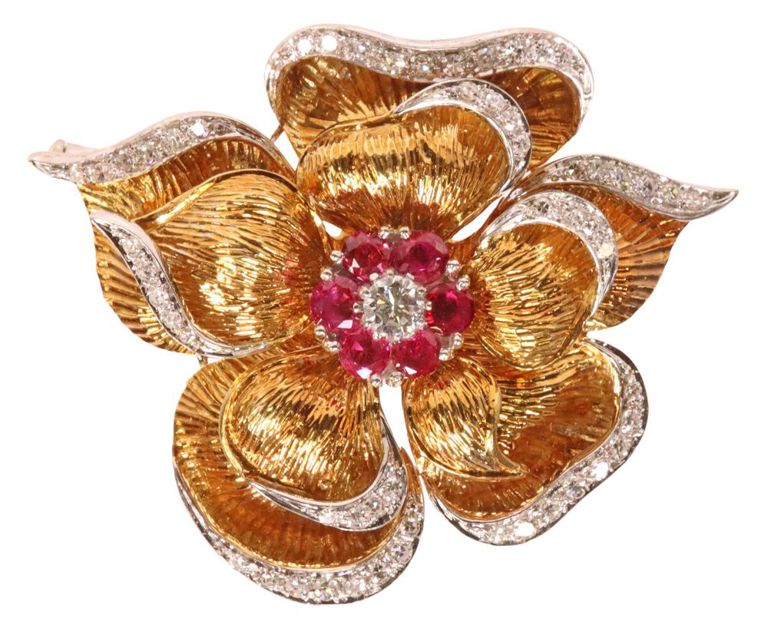 18k yellow gold ruby and diamond flower brooch