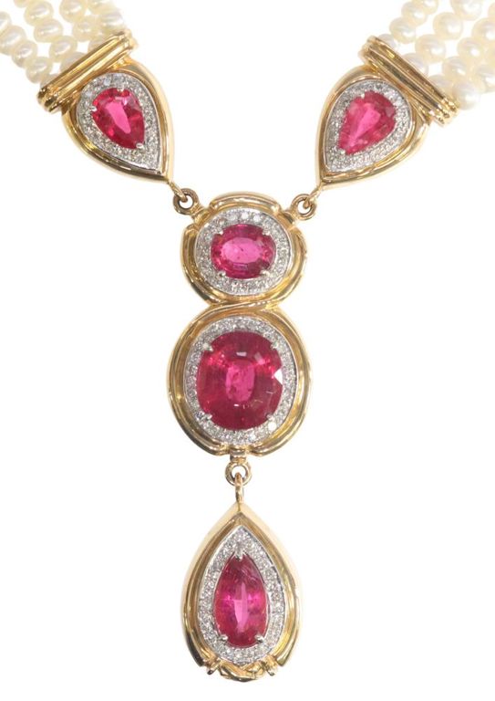 18k yellow gold pearl, pink tourmaline, and diamond necklace