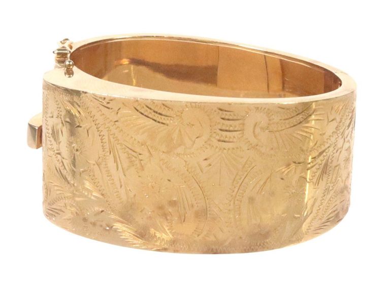 14k yellow gold foliate engraved wide hinged bangle