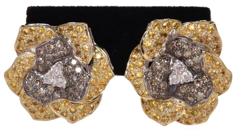 18k yellow and white gold yellow sapphire and diamond rose earrings